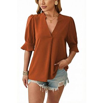 Women's Short Sleeve V-Neck Blouse Soft Casual Top