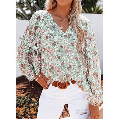 Women's Chiffon Blouse with Lantern Sleeves Floral Print