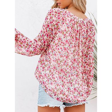 Women's Chiffon Blouse with Lantern Sleeves Floral Print