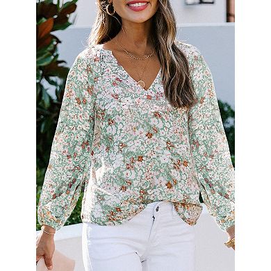 Women's Chiffon Blouse with Lantern Sleeves Floral Print