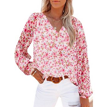 Women's Chiffon Blouse with Lantern Sleeves Floral Print