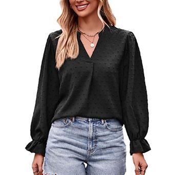 Women Blouse Long Sleeve V Neck Casual Lightweight Soft Tops