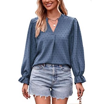 Women Blouse Long Sleeve V Neck Casual Lightweight Soft Tops