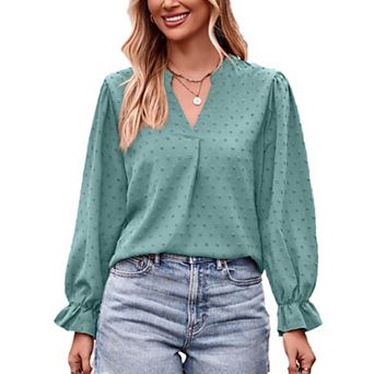 Women Blouse Long Sleeve V Neck Casual Lightweight Soft Tops