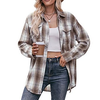 Women's Oversize Plaid Shirt Long Sleeves with Pockets