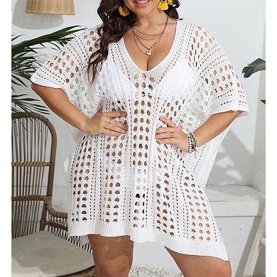 Womens Plus Size Crochet Beach Dress Short Sleeve Swimsuit Bathing Suit Cover Up