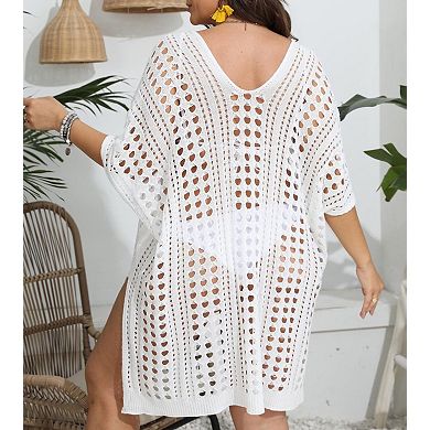 Womens Plus Size Crochet Beach Dress Short Sleeve Swimsuit Bathing Suit Cover Up