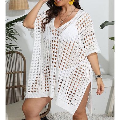 Womens Plus Size Crochet Beach Dress Short Sleeve Swimsuit Bathing Suit Cover Up