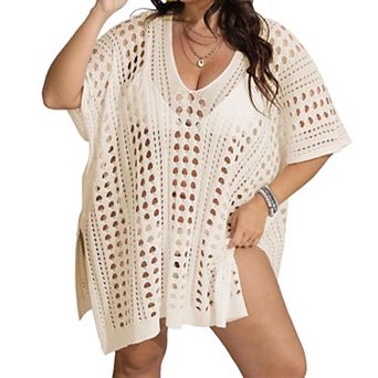 Womens Plus Size Crochet Beach Dress Short Sleeve Swimsuit Bathing Suit Cover Up