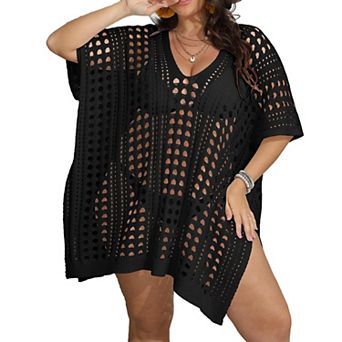 Womens Plus Size Crochet Beach Dress Short Sleeve Swimsuit Bathing Suit Cover Up