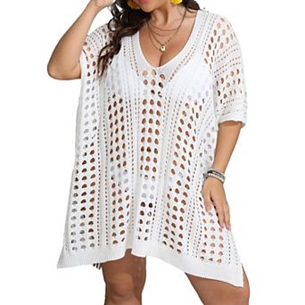 Womens Plus Size Crochet Beach Dress Short Sleeve Swimsuit Bathing Suit Cover Up