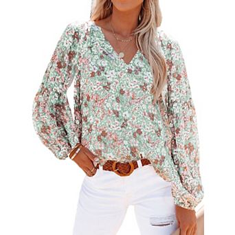 Women's Casual Chiffon Blouses V Neck Lantern Sleeve Summer Flowy Tops Cute Business Shirts