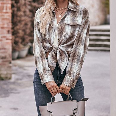 Women's Long Sleeves Oversize Plaid Shirt with Pockets