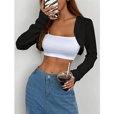 Women's Lightweight Cropped Cardigan Open Front with Drop Shoulder Long Sleeves