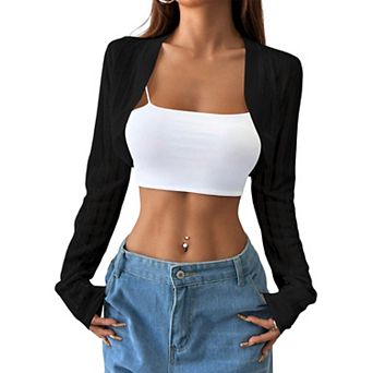 Women's Lightweight Cropped Cardigan Open Front with Drop Shoulder Long Sleeves
