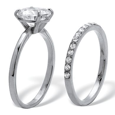 2.85 TCW Round Cubic Zirconia Stainless Steel Pave Bridal Ring Set