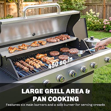 Outsunny 6 Burner Propane Gas Grill, Barbecue Grill with Side Burner