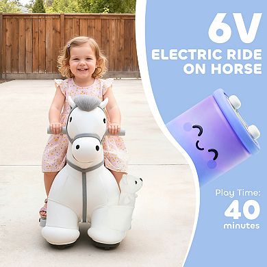 Qaba 6V Ride On Horse, Battery Powered Ride on Toy with Bear Toy, Music