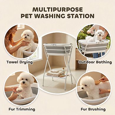 PawHut Dog Bath Tub Dog Washing Station Elevated Foldable