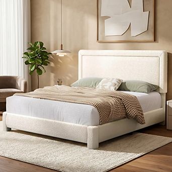 Opoiar Boucle Bed Frame with Adjustable Headboard, Rounded Corners, No Box Spring Needed