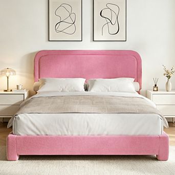 Opoiar Boucle Bed Frame with Adjustable Headboard, Rounded Corners, No Box Spring Needed