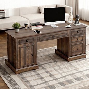Opoiar 60" Farmhouse Executive Desk with Drawers & File Cabinet, Home Office Desk