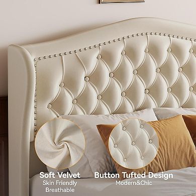 Opoiar Queen Velvet Upholstered Bed Frame with Tall Wingback Headboard and 2 Storage Drawers