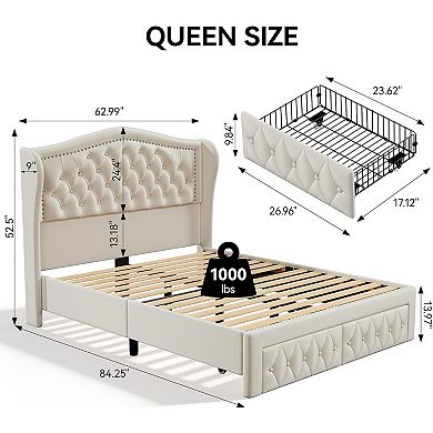 Opoiar Queen Velvet Upholstered Bed Frame with Tall Wingback Headboard and 2 Storage Drawers