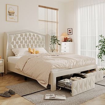 Opoiar Queen Velvet Upholstered Bed Frame with Tall Wingback Headboard and 2 Storage Drawers