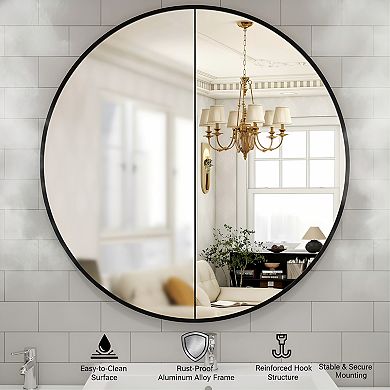 30 Inch Black Round Wall Mirror with Aluminum Frame for Bathroom Living Room