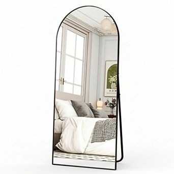 57" Arched Full Length Mirror Wall Mount or Floor Standing Aluminum Frame for Bathroom Bedroom Black