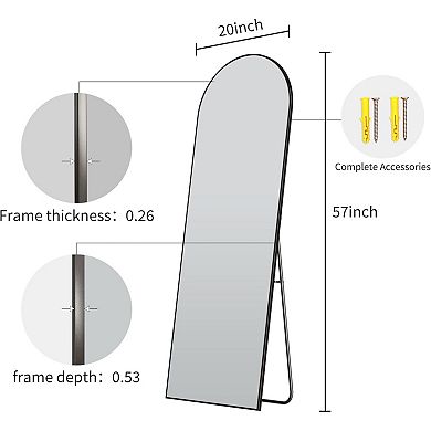 57" Arched Full Length Mirror Wall Mount or Floor Standing Aluminum Frame for Bathroom Bedroom Black