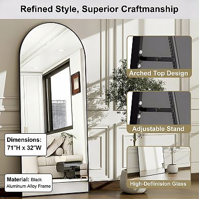 57" Arched Full Length Mirror Wall Mount or Floor Standing Aluminum Frame for Bathroom Bedroom Black