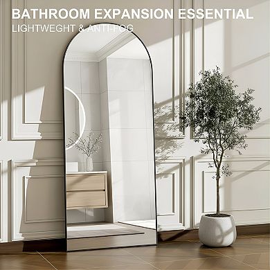 57" Arched Full Length Mirror Wall Mount or Floor Standing Aluminum Frame for Bathroom Bedroom Black
