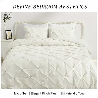 Cream Pinch Pleat Comforter Set King, 3pc Lightweight Down Alternative Soft