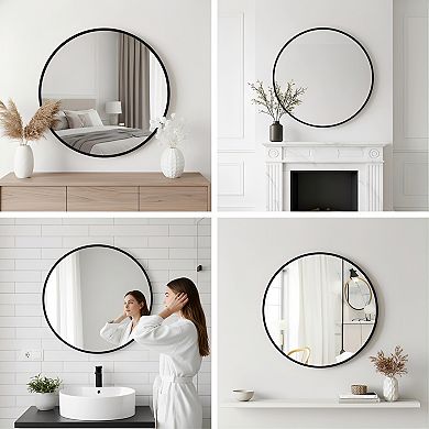 24 Inch Black Round Metal Frame Mirror Rustic Wall Mounted for Living Room Bathroom
