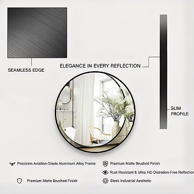 24 Inch Black Round Metal Frame Mirror Rustic Wall Mounted for Living Room Bathroom
