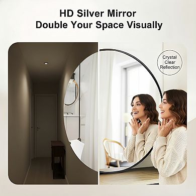 24 Inch Black Round Metal Frame Mirror Rustic Wall Mounted for Living Room Bathroom