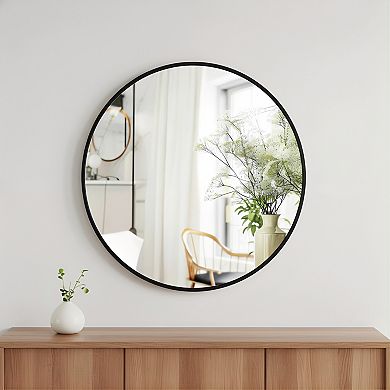 24 Inch Black Round Metal Frame Mirror Rustic Wall Mounted for Living Room Bathroom