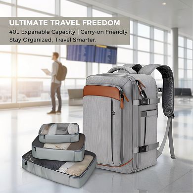 40L Expandable Carry-On Backpack with 3 Packing Cubes, Fits 17" Laptop, Grey