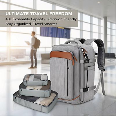 40L Expandable Carry-On Backpack with 3 Packing Cubes, Fits 17" Laptop, Grey
