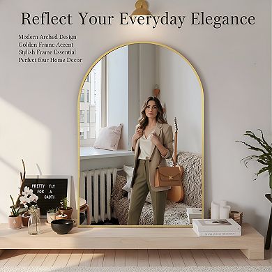 Arched Wall Mirror 24x36 Gold Metal Frame for Bathroom Bedroom Entryway
