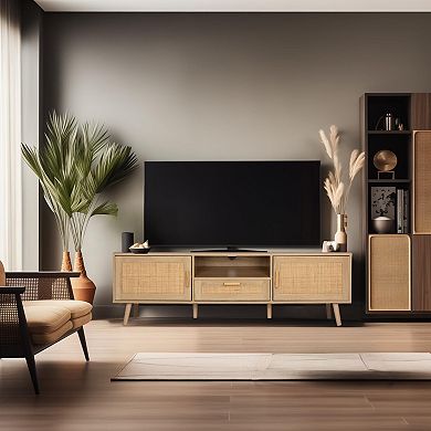 59" Rattan Decor TV Stand for 40-70" TVs with Storage