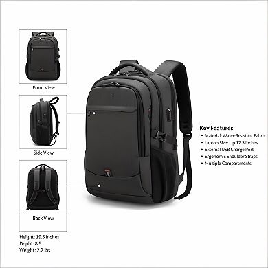 17 Inch Water Resistant Laptop Backpack with USB Port for Travel Unisex Black