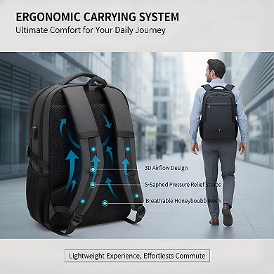 17 Inch Water Resistant Laptop Backpack with USB Port for Travel Unisex Black