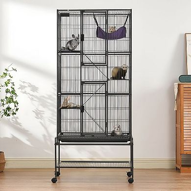 Multi-Level Ferret and Small Animal Cage with Hammock and Storage Shelf