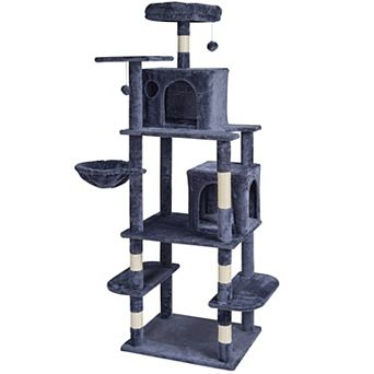 Indoor Cat Tree with Two Condos Hammock Sisal Scratching Posts and Hanging Toys
