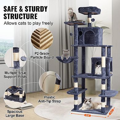 Indoor Cat Tree with Two Condos Hammock Sisal Scratching Posts and Hanging Toys