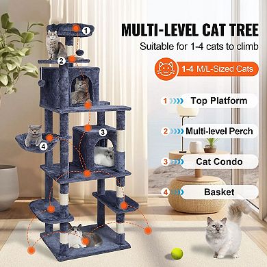 Indoor Cat Tree with Two Condos Hammock Sisal Scratching Posts and Hanging Toys