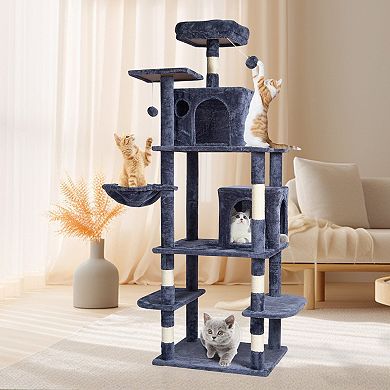 Indoor Cat Tree with Two Condos Hammock Sisal Scratching Posts and Hanging Toys